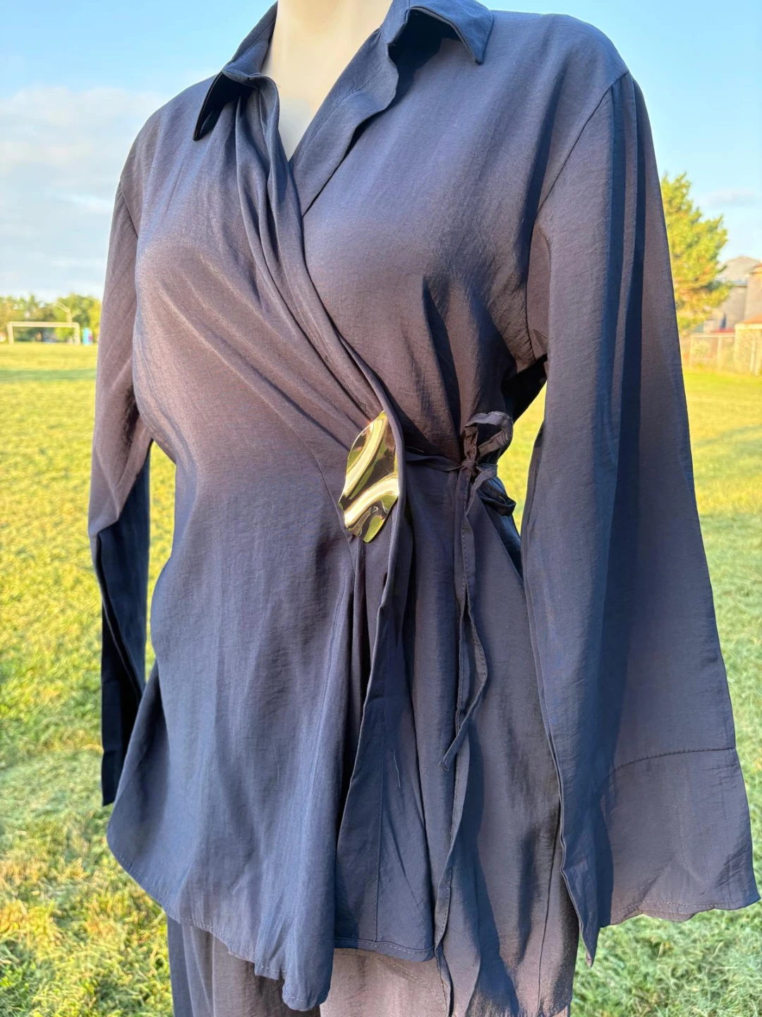 Navy Blue Wrap Top and Pants Set - photo 3