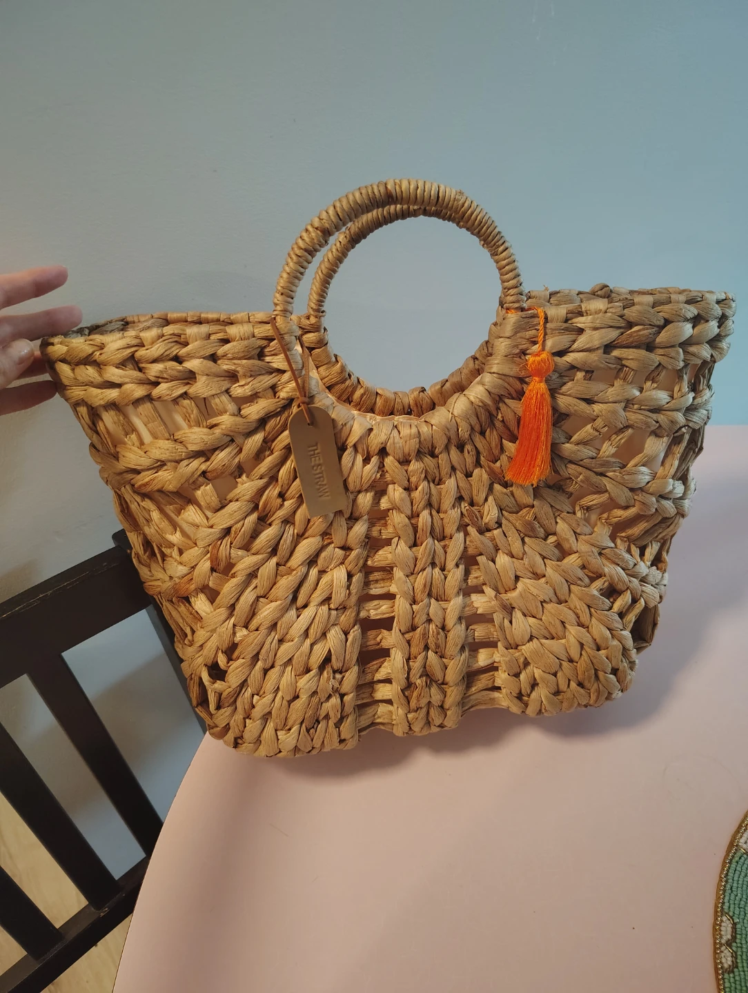 Woven Straw Tote Bag with Orange Tassel