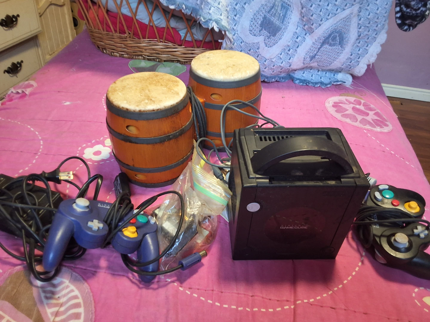Nintendo GameCube console with DK Bongos and controllers