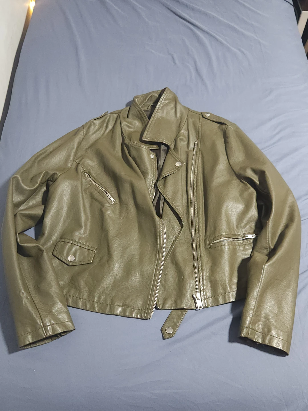 Olive Green Faux Leather Moto Jacket