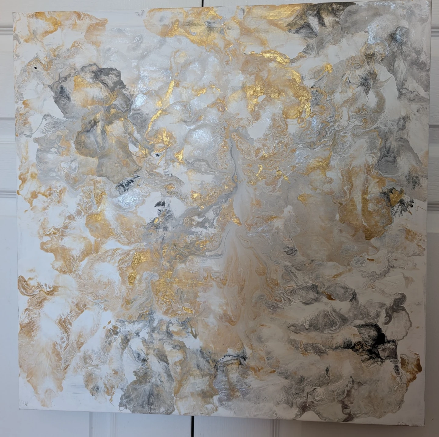 Abstract Gold and White Acrylic Pour Painting