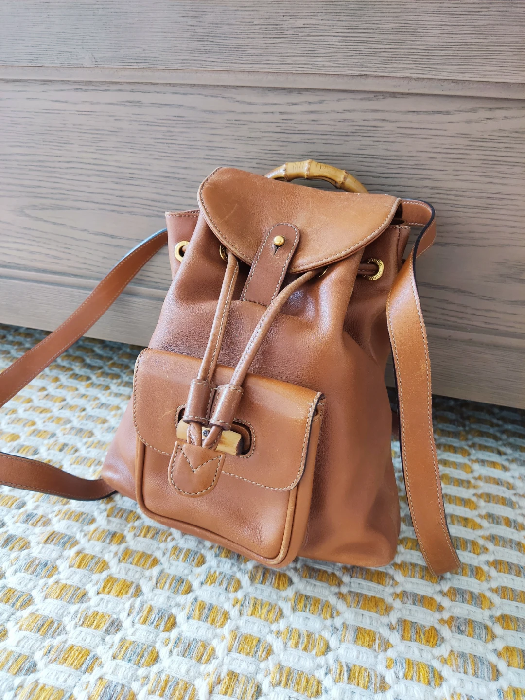 Authentic GUCCI Brown Leather Bamboo Handle Backpack Bag