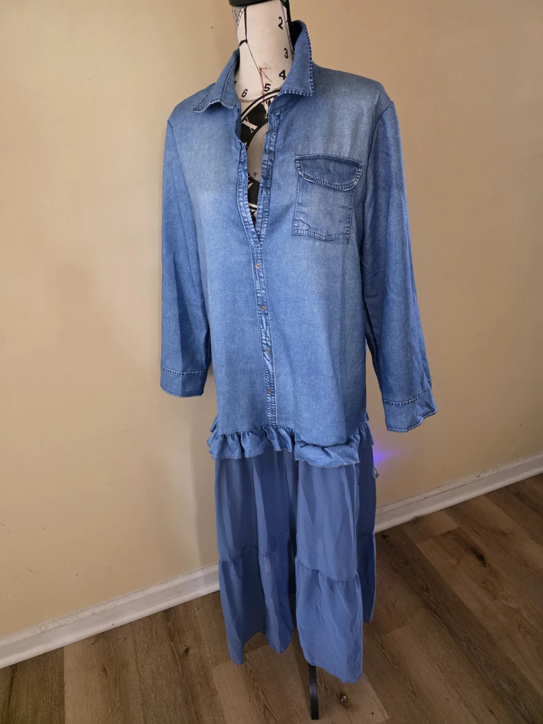 Denim Dress with Ruffle Skirt - Women's