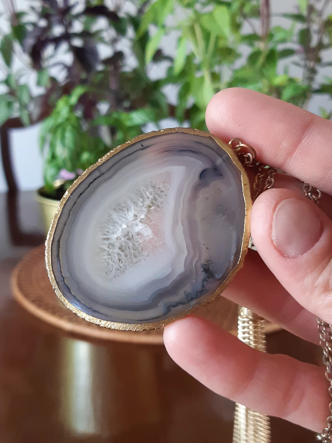 gold-tone chain Agate slice Pendant necklace - photo 5