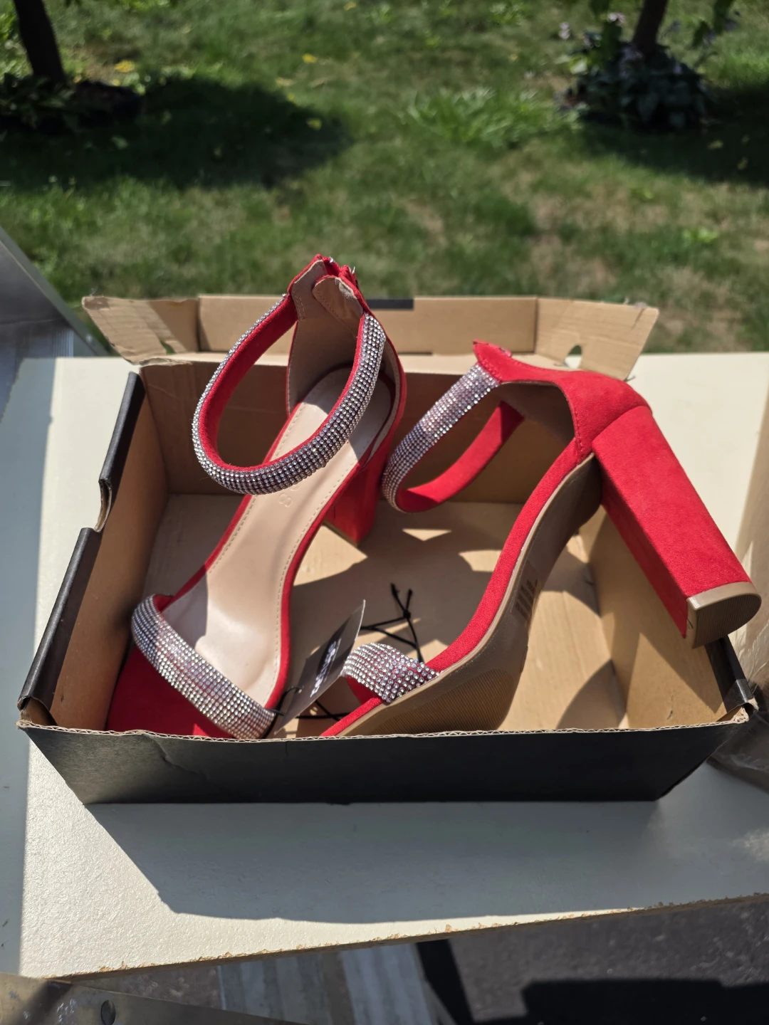 Red Heeled Sandals with Rhinestone Straps