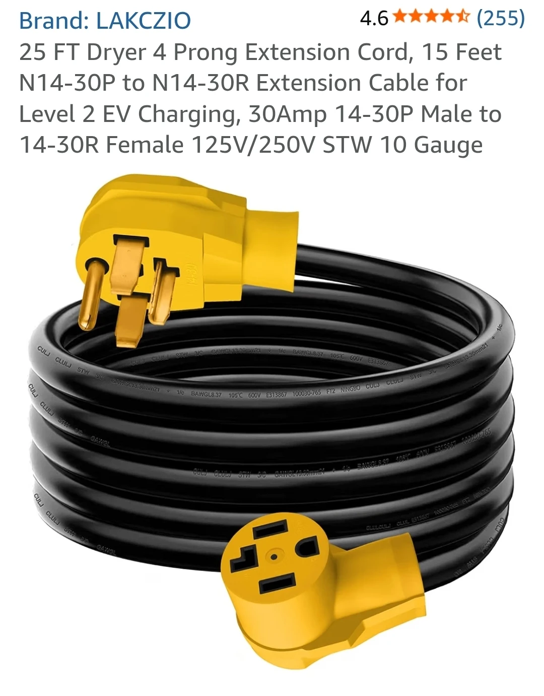 LAKCZIO 25 FT Dryer 4 Prong Extension Cord