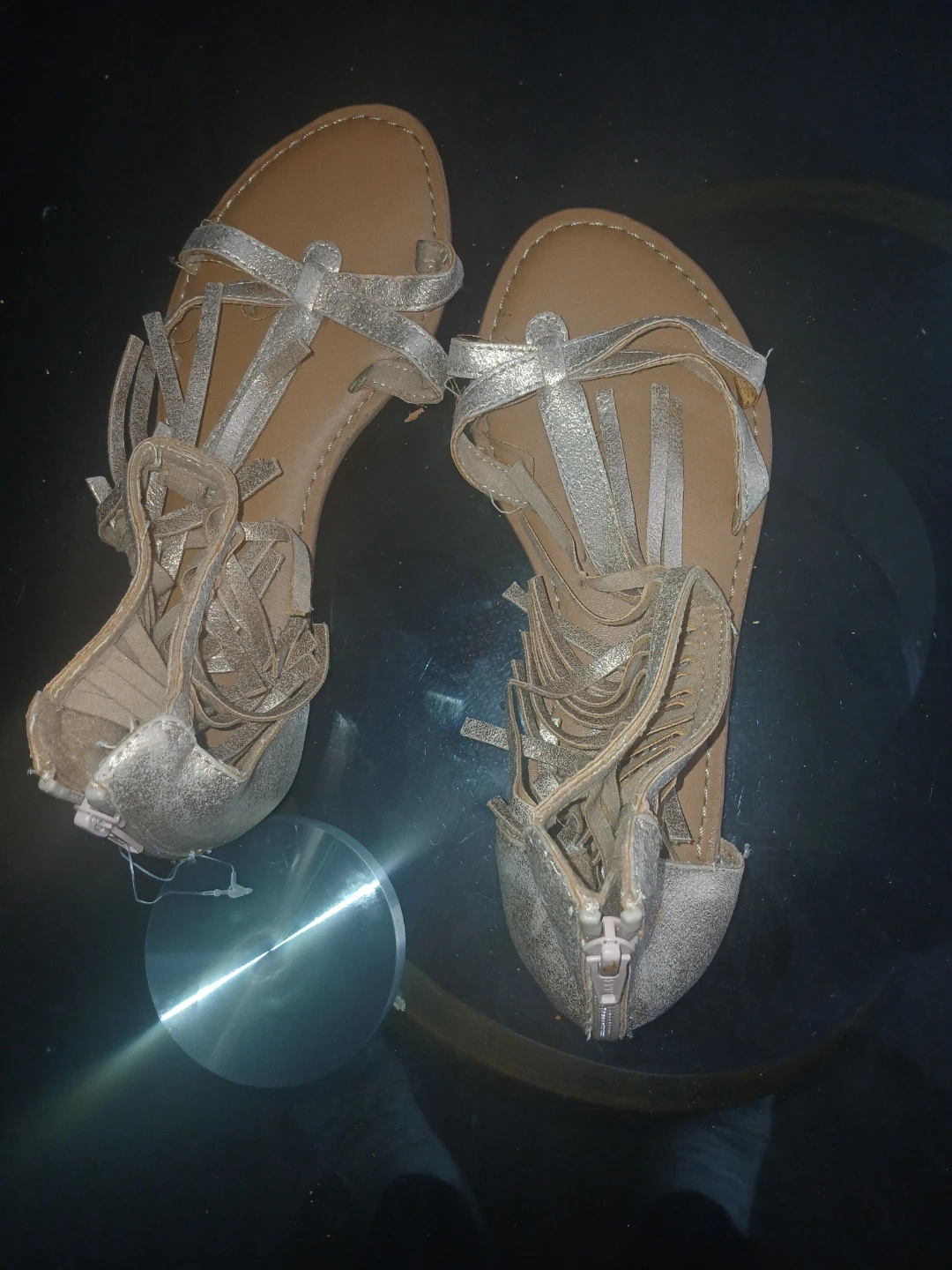 Gold Gladiator Sandals with Fringe and Zipper