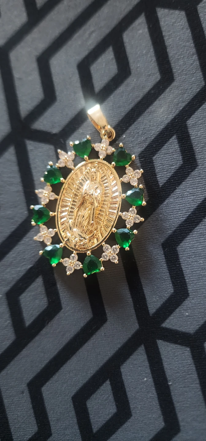 Gold platted Virgin Mary Pendant with Green and White Stones - photo 3