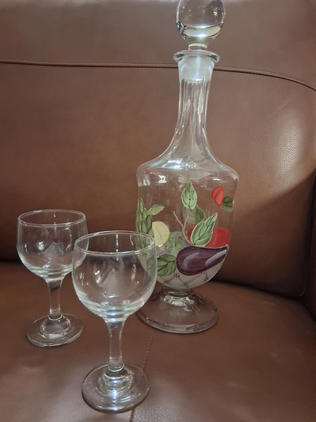 Hand-Painted Glass Wine Decanter (16") with Stopper & 2 Glasses!
