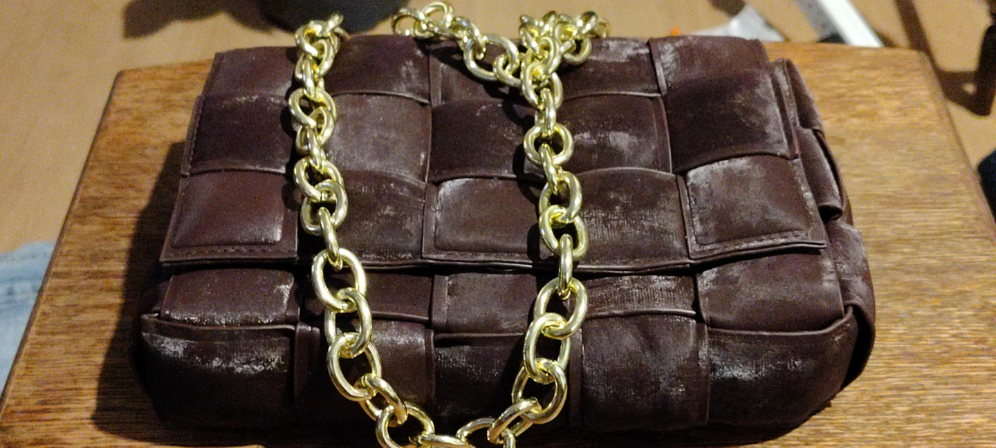Brown Woven Clutch with Gold Chain
