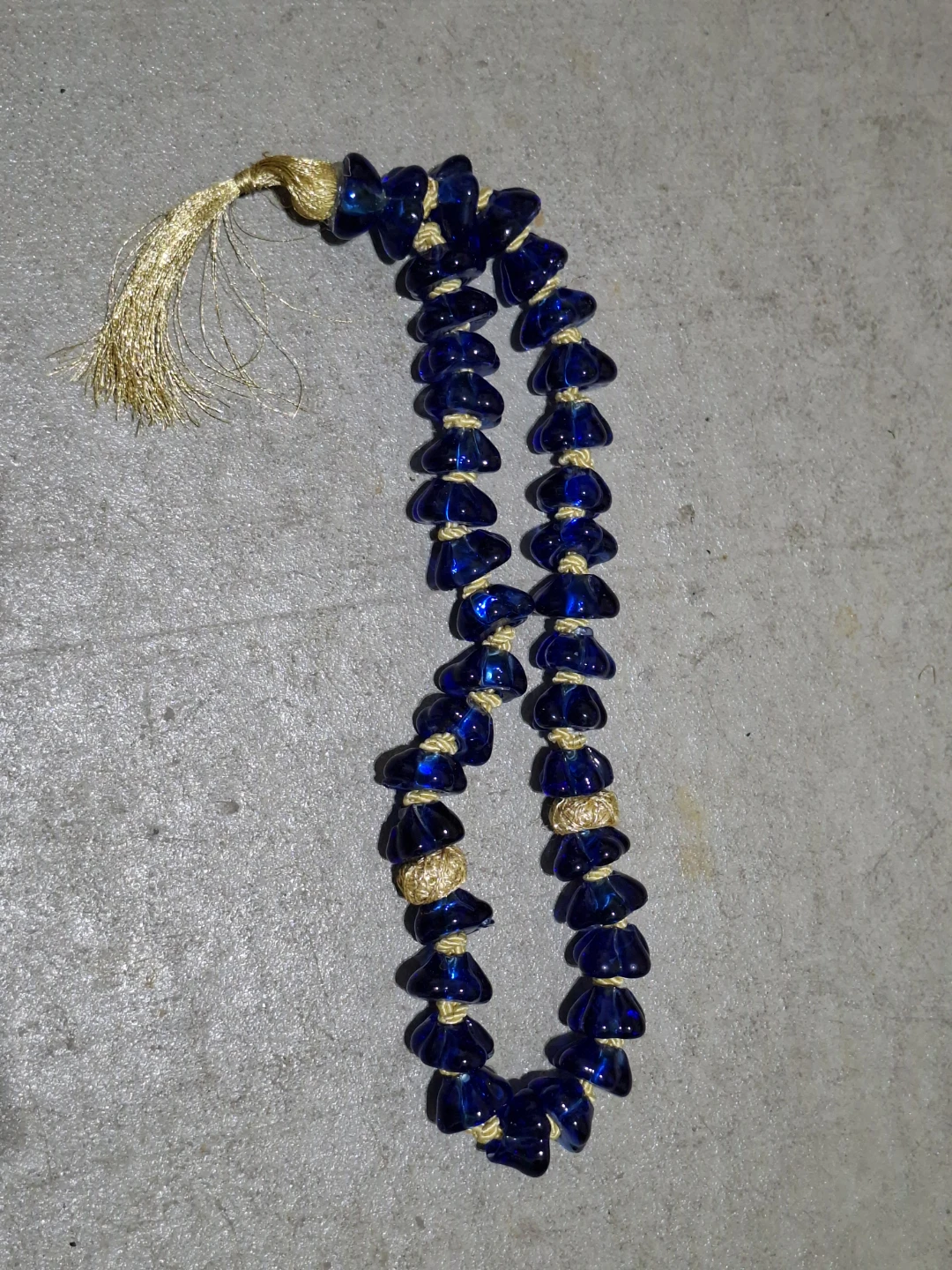 Blue Glass Beaded Necklace with Gold Tassel