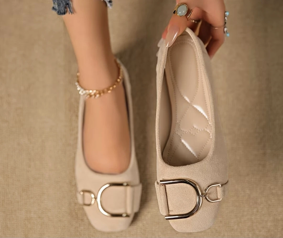Beige Suede Ballet Flats with Gold Buckle - photo 5