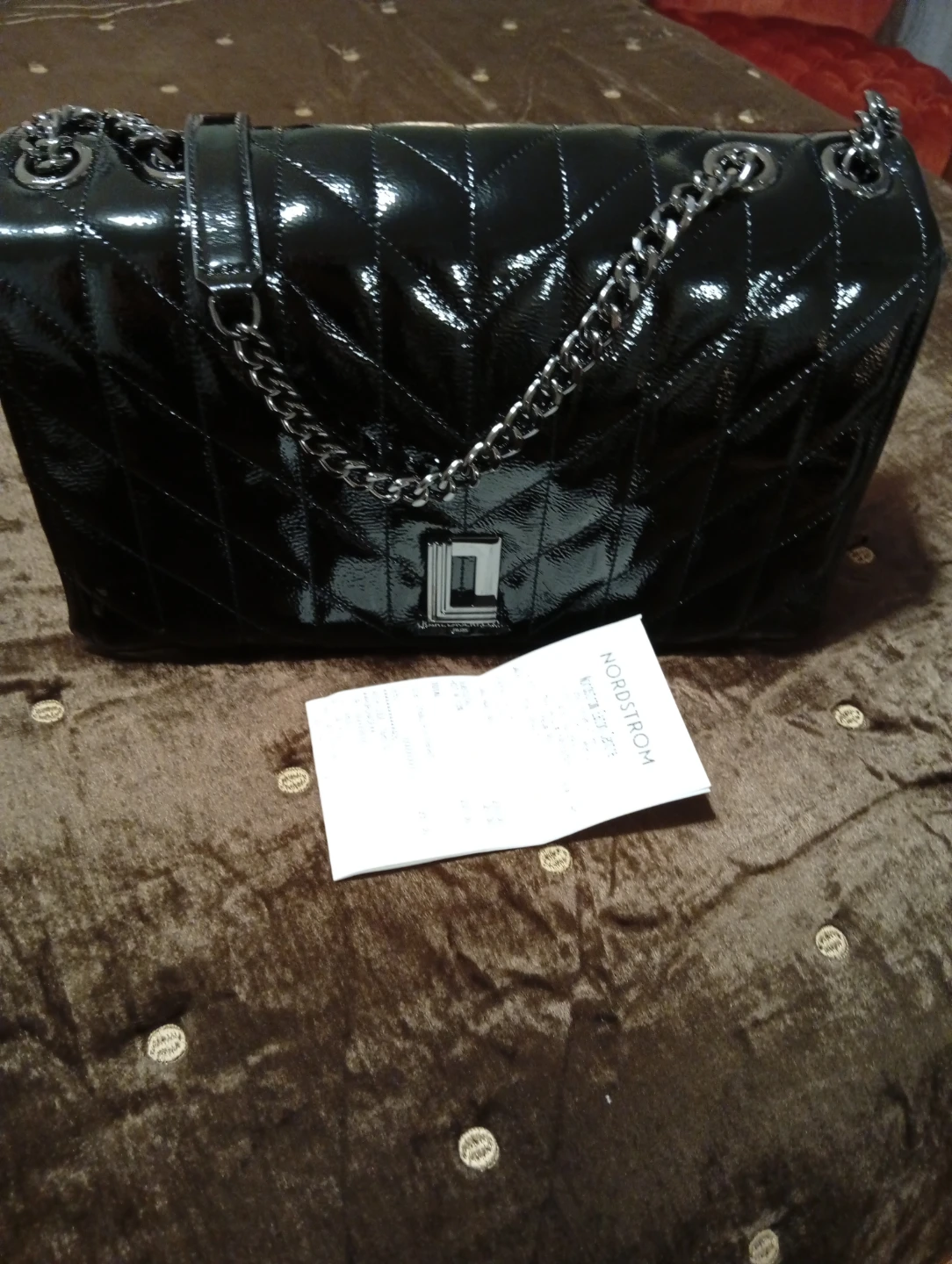 Karl Lagerfeld Black Patent Quilted Shoulder Bag with Chain