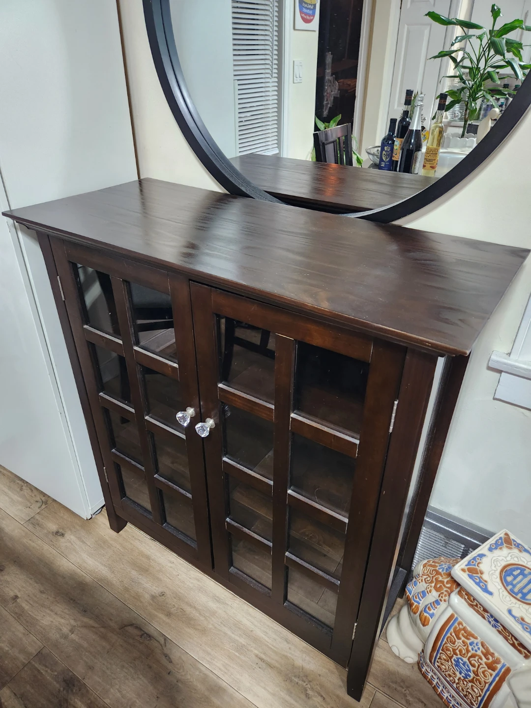 Dark Wood Cabinet with Glass Doors