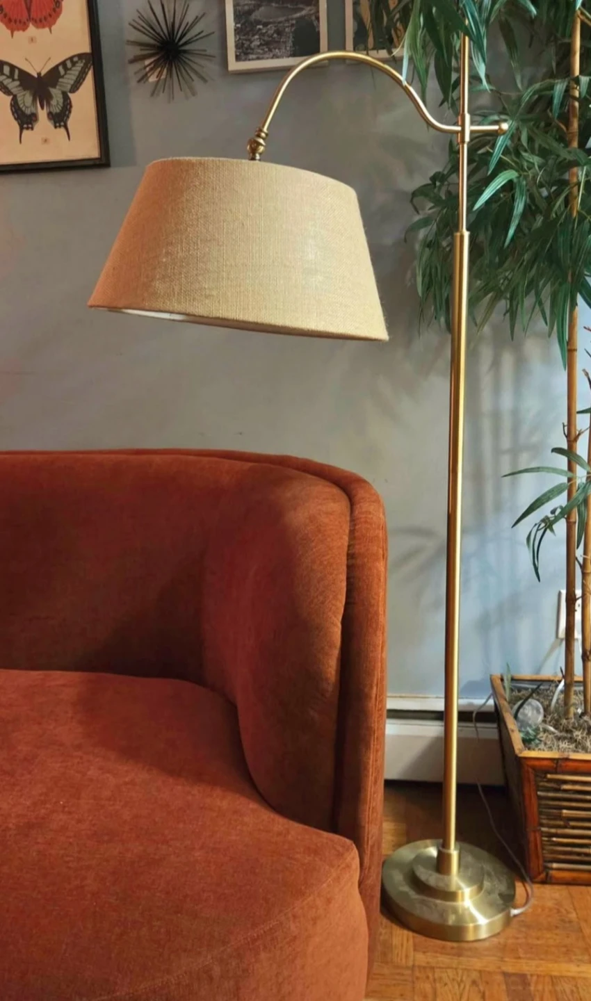 MCM Gold Arched Floor Lamp With Linen Shade (Delivery Available