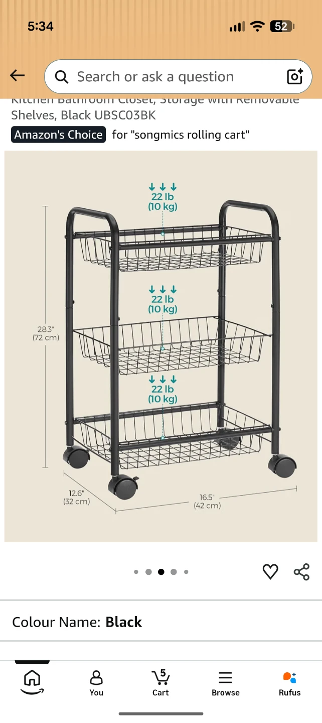 SONGMICS 3-Tier Rolling Cart Black - photo 2