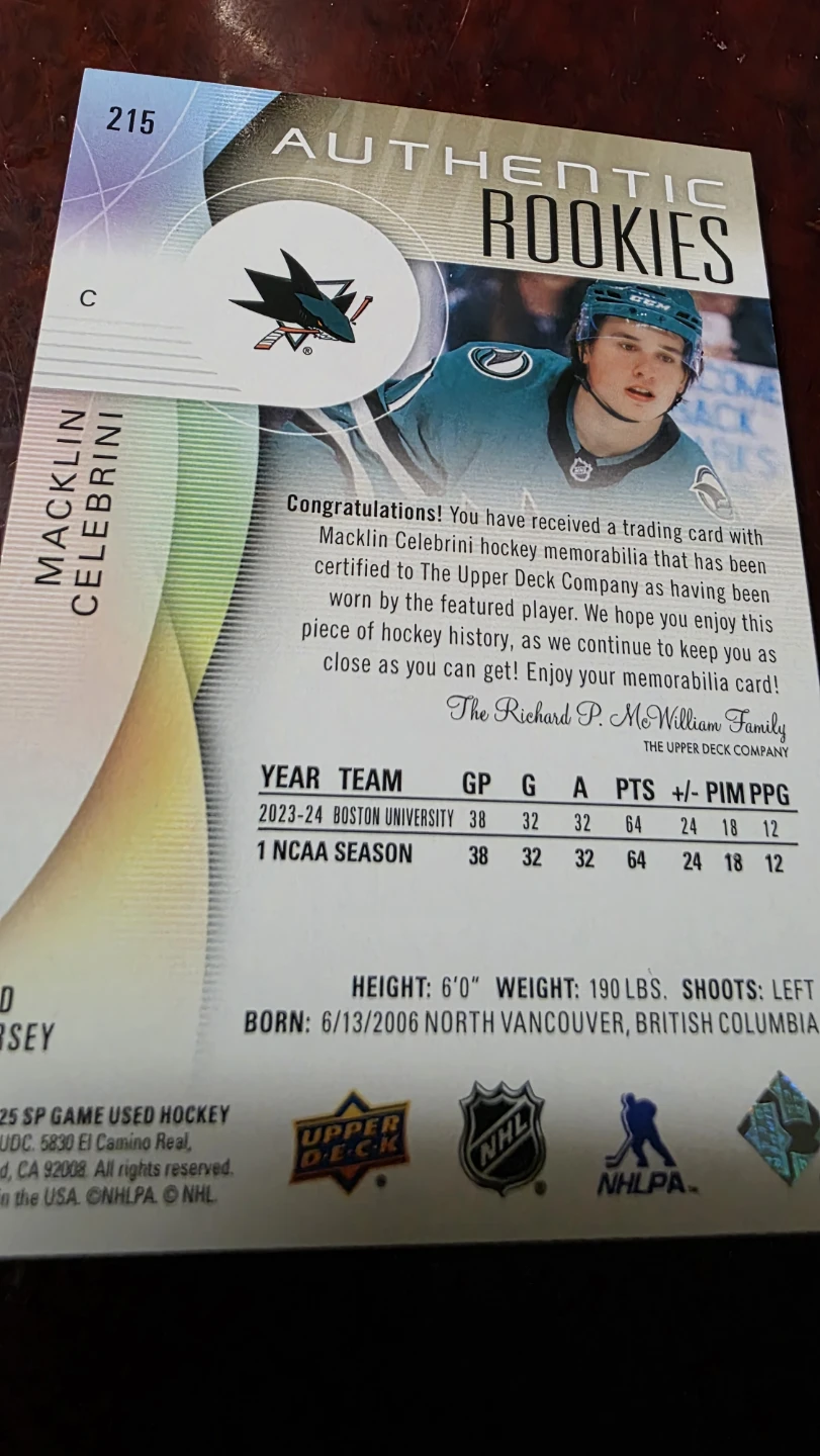 Macklin Celebrini Authentic Rookies Black Jersey Card - photo 2