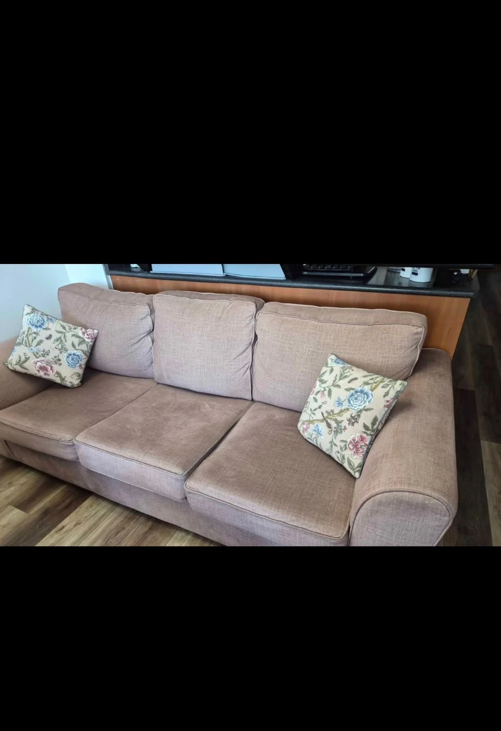 Mauve Fabric Sofa and Loveseat Set with decorative pillows
