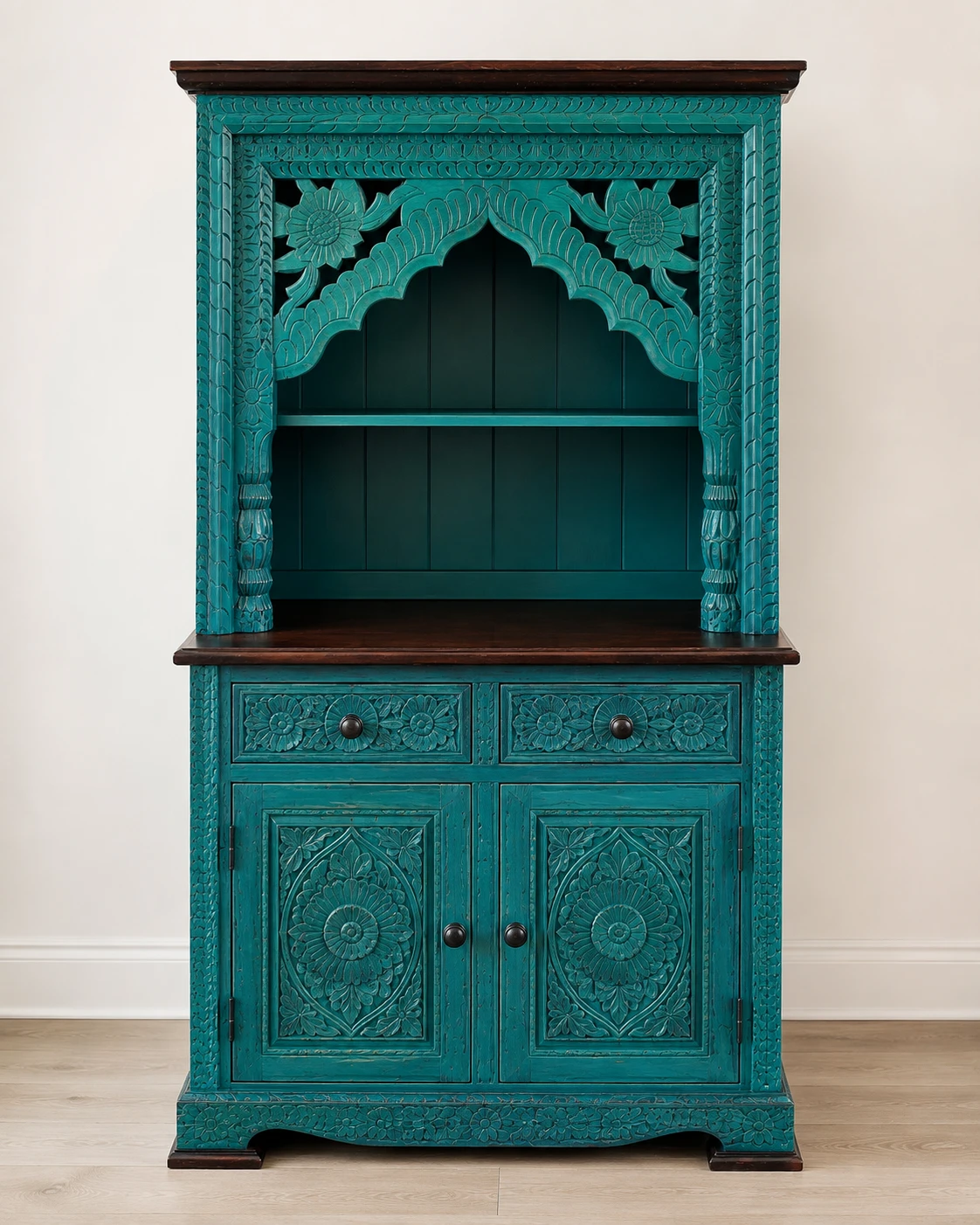 Teal Carved Wood Hutch with Glass Doors