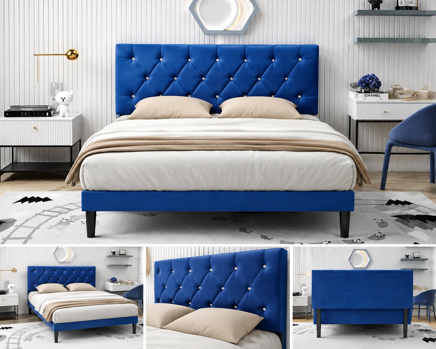 Blue Tufted Platform Bed Frame