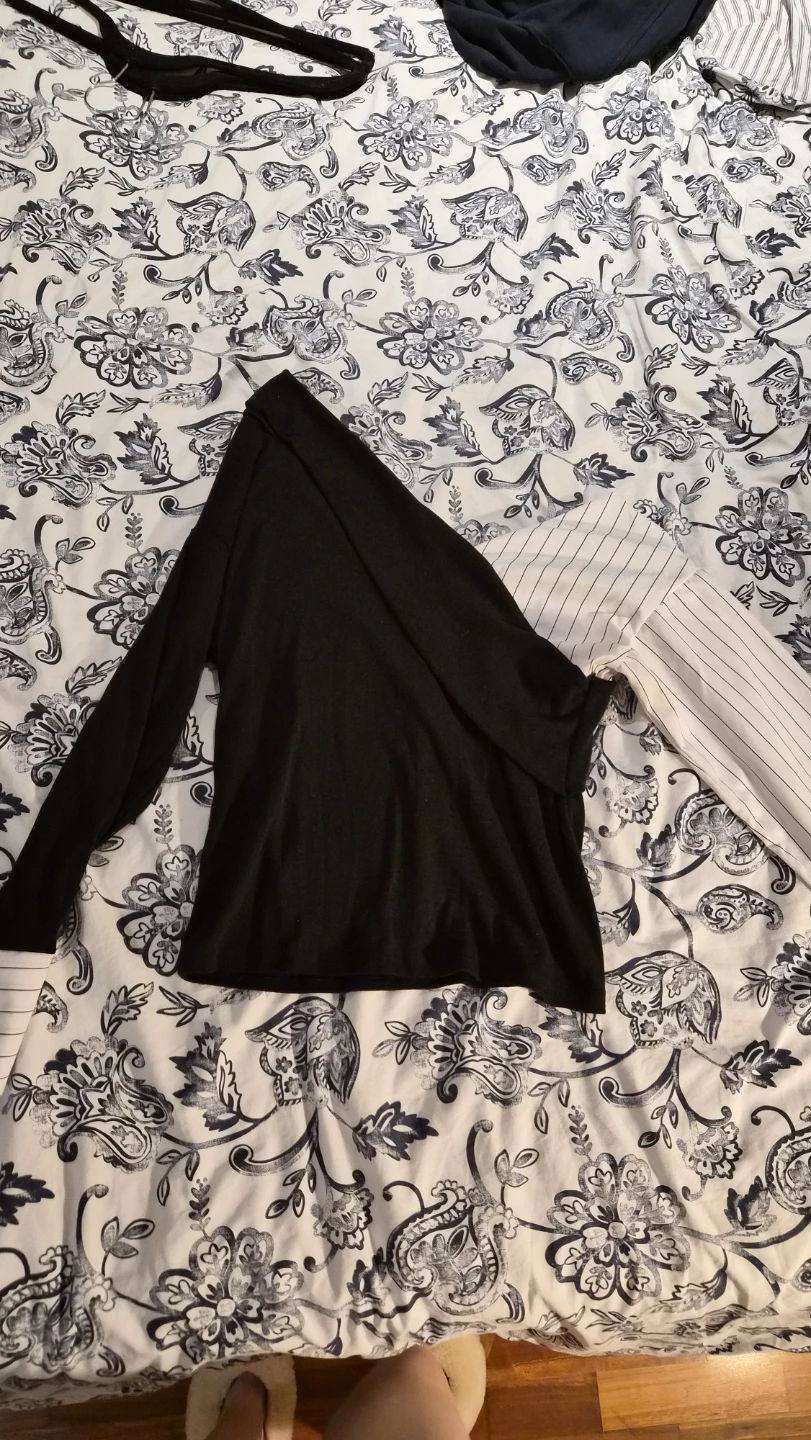 Black One-Shoulder Top with Striped Sleeve
