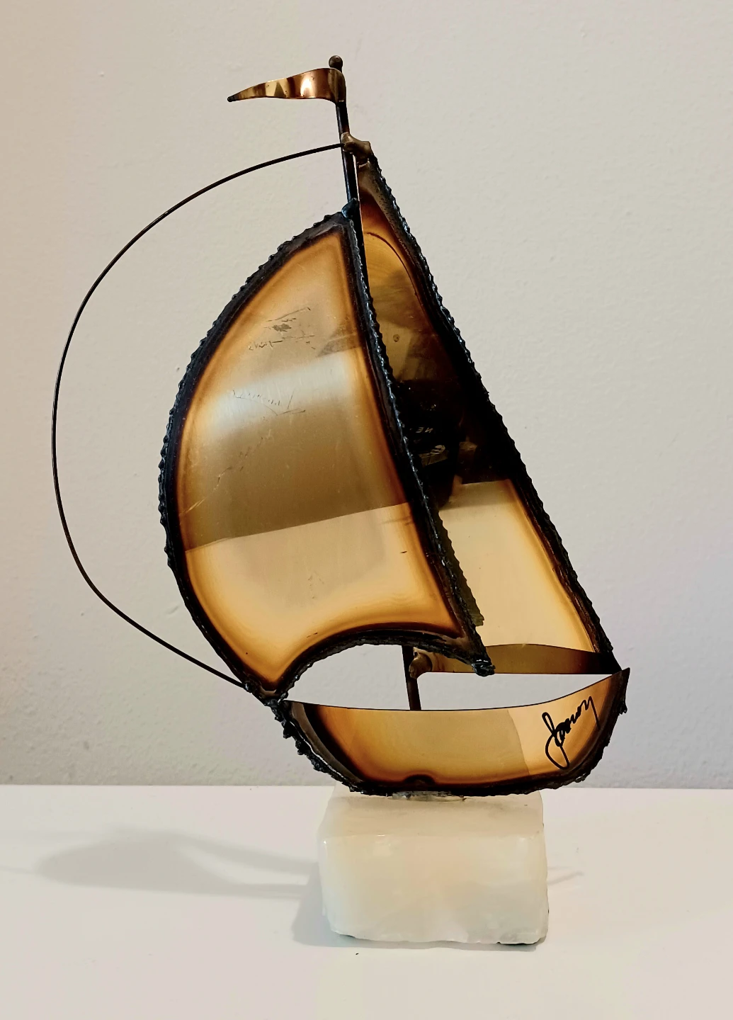 Signed Artist Handmade Brass & Onyx Sailboat