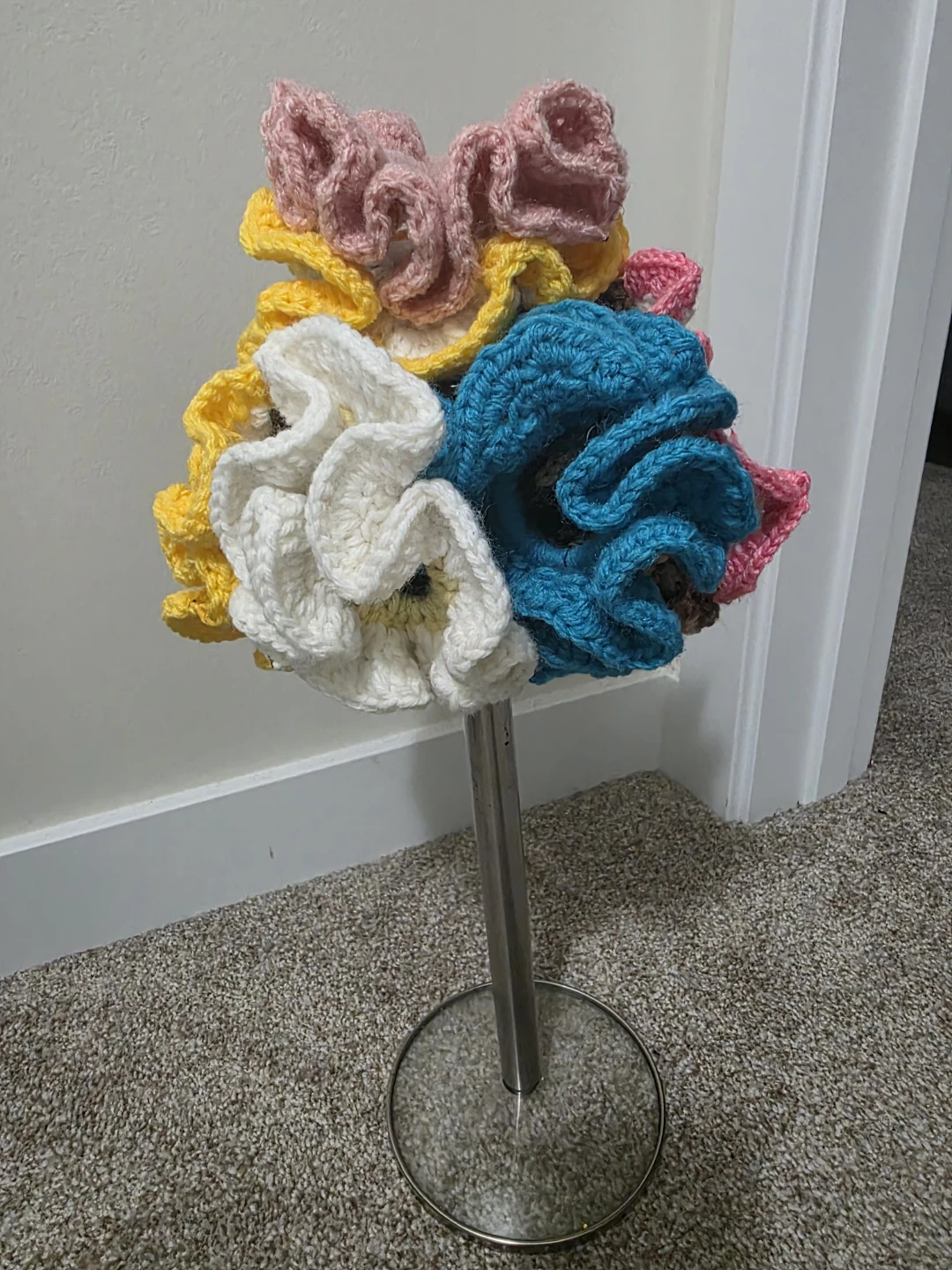 Beautiful multicolored handmade crocheted hair scrunchies.