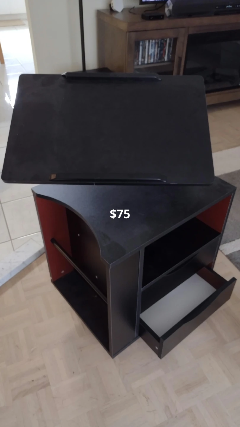 Black Laptop Desk Stand with Shelving and Drawer