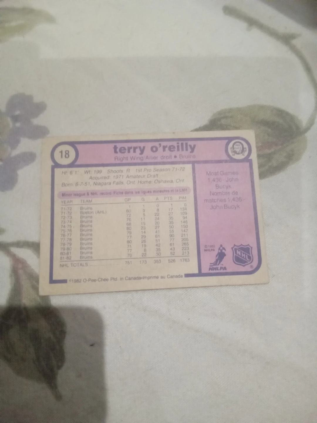 Terry O'Reilly 1982 O-Pee-Chee Bruins Hockey Card - photo 2