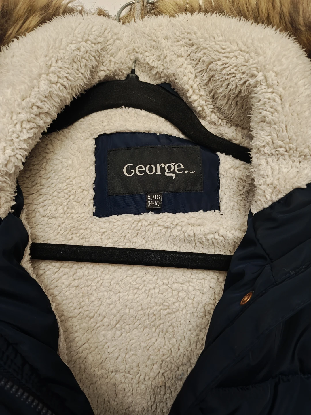 Navy Puffer Winter Coat with Faux Fur Trim Youth Large - photo 2