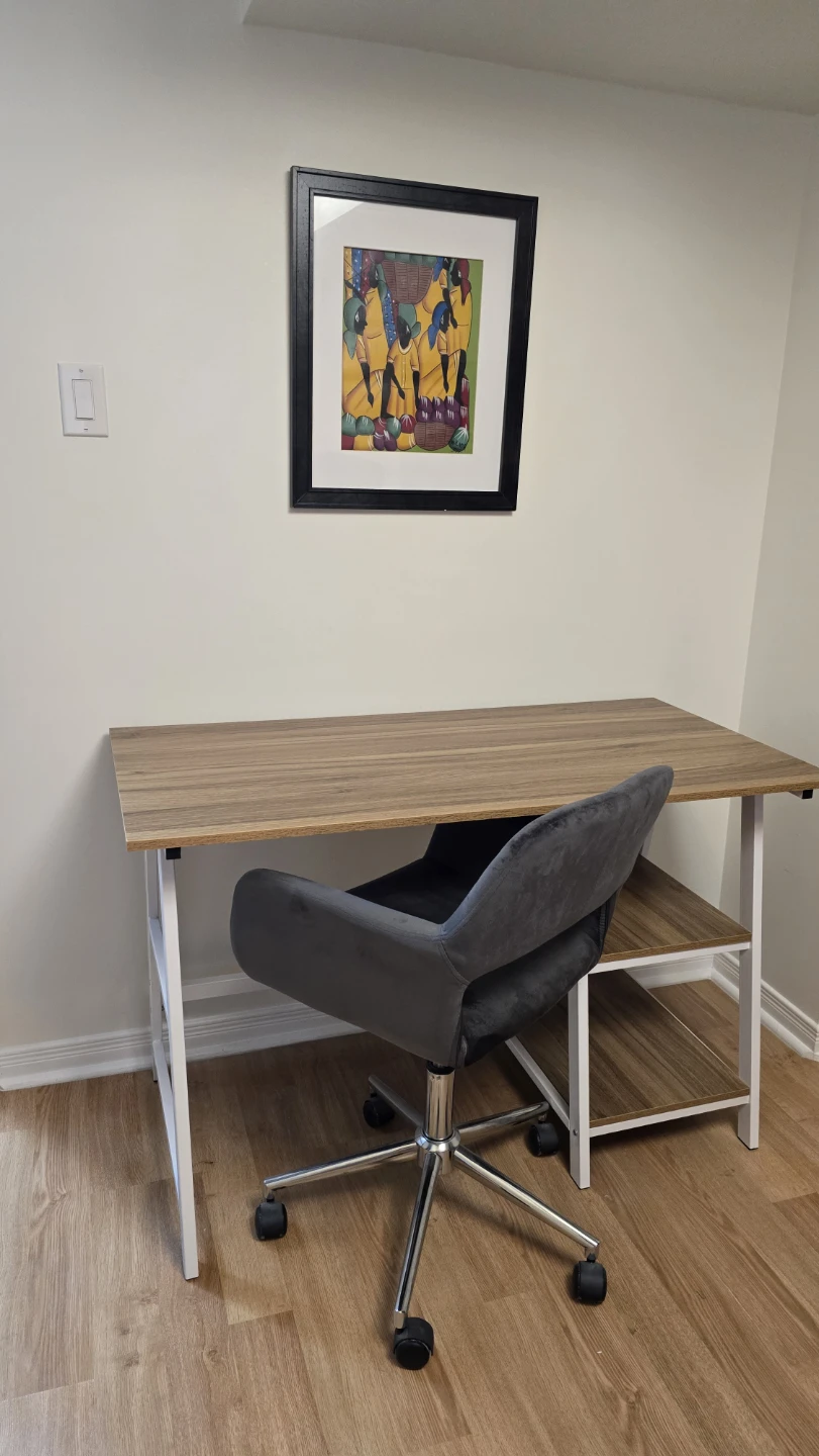 Wooden top desk with white metal frame and shelves