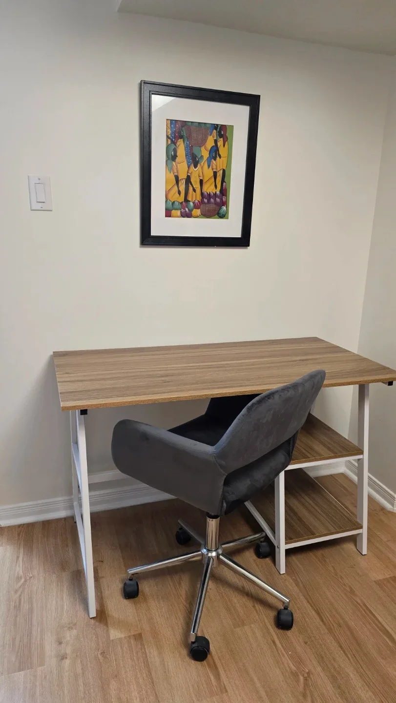 Wooden top desk with white metal frame and shelves