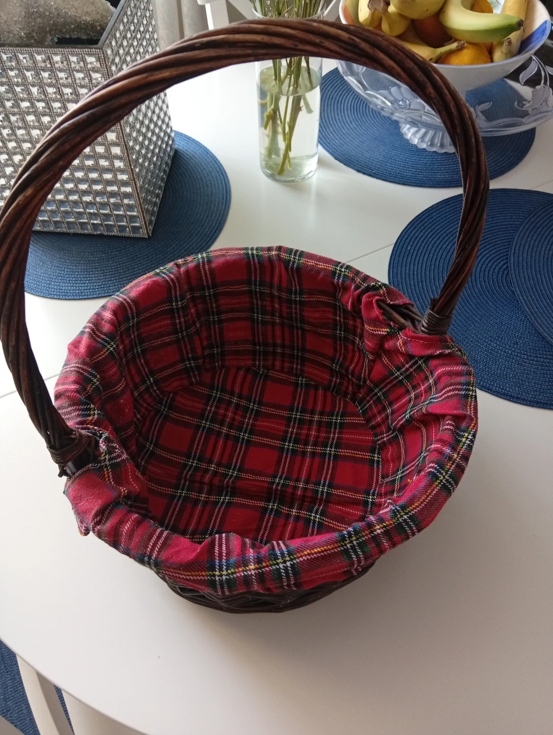 Wicker Basket with Red Plaid Liner