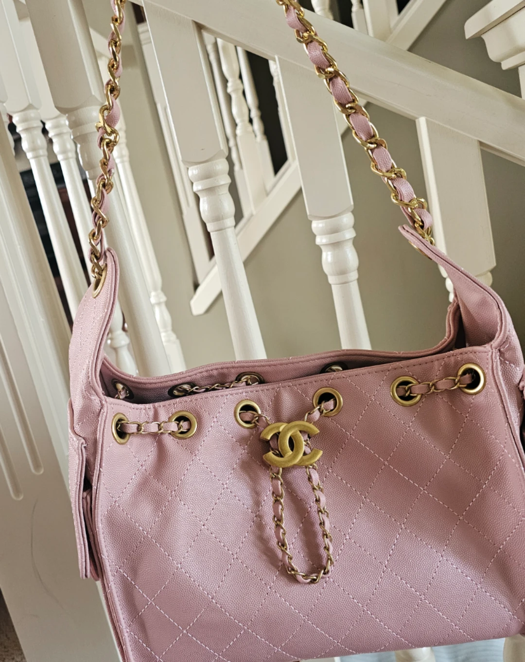 Pink Quilted Shoulder Bag with Gold Chain