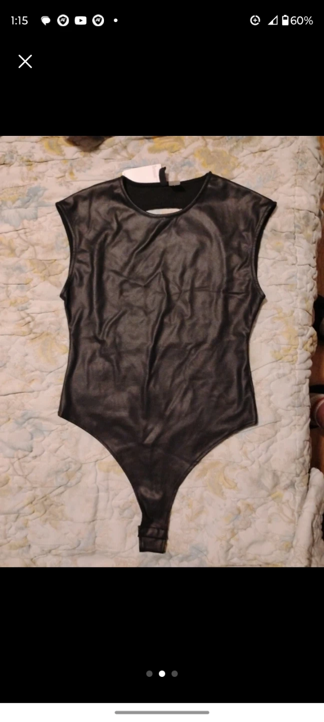 H&M Black Faux Leather Cap Sleeve Bodysuit - Size M
