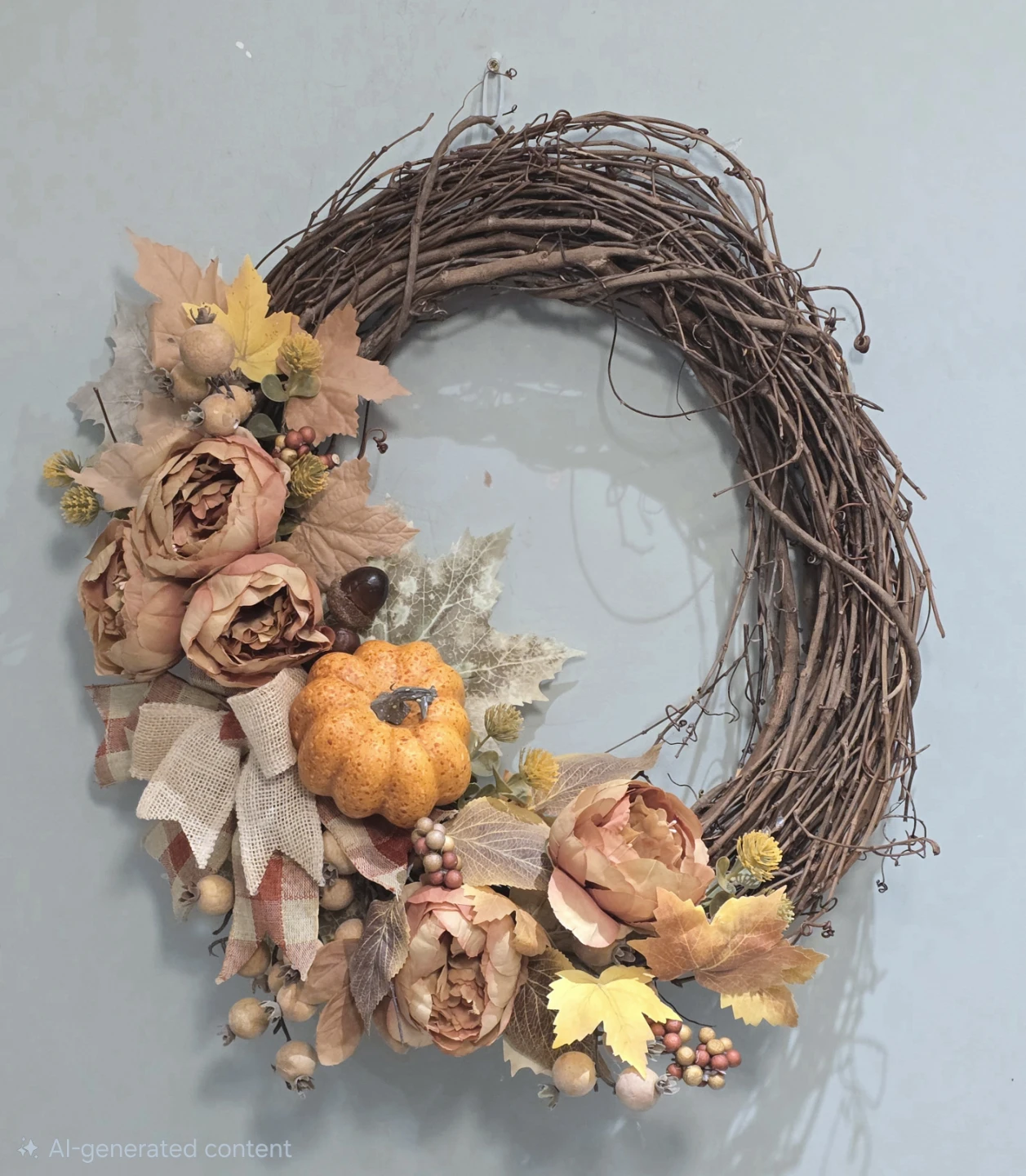 Autumn Fall Wreath with Pumpkin and Flowers
