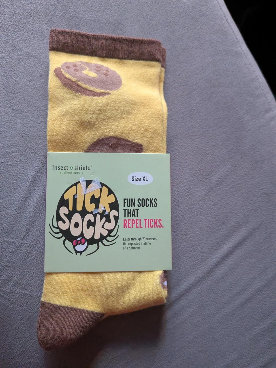 Insect Shield Tick Socks XL Yellow Donut Pattern