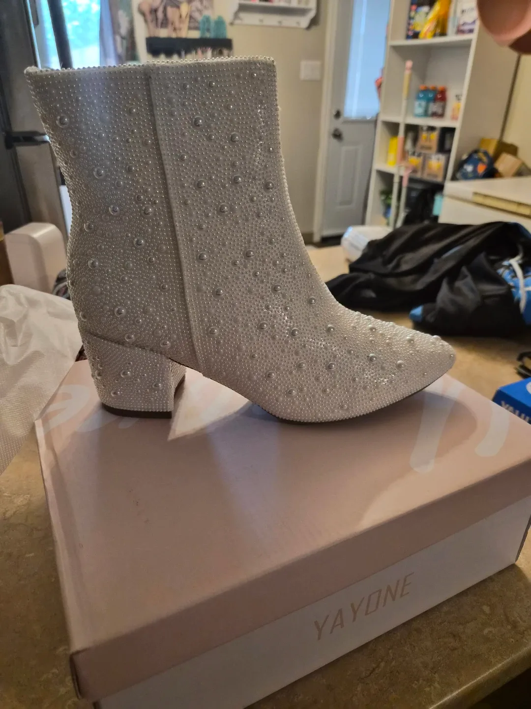 YAYONE White Faux Pearl Embellished Ankle Boots