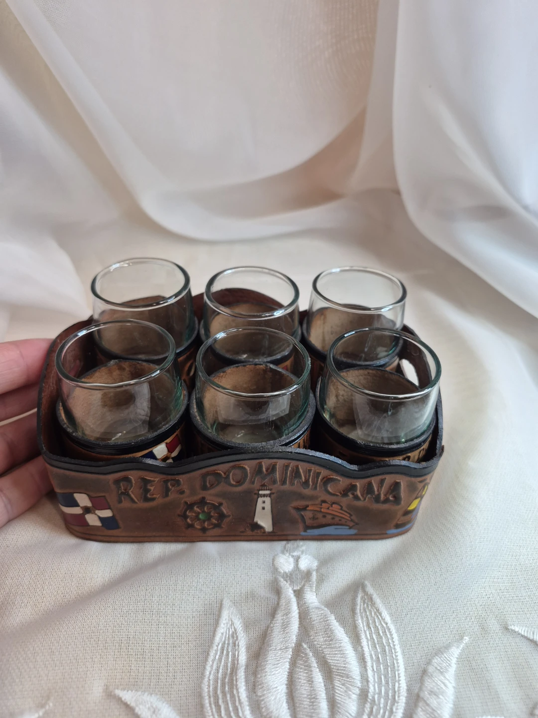 Set of 6 Dominican Republic Leather Holder Shot Glasses - photo 2