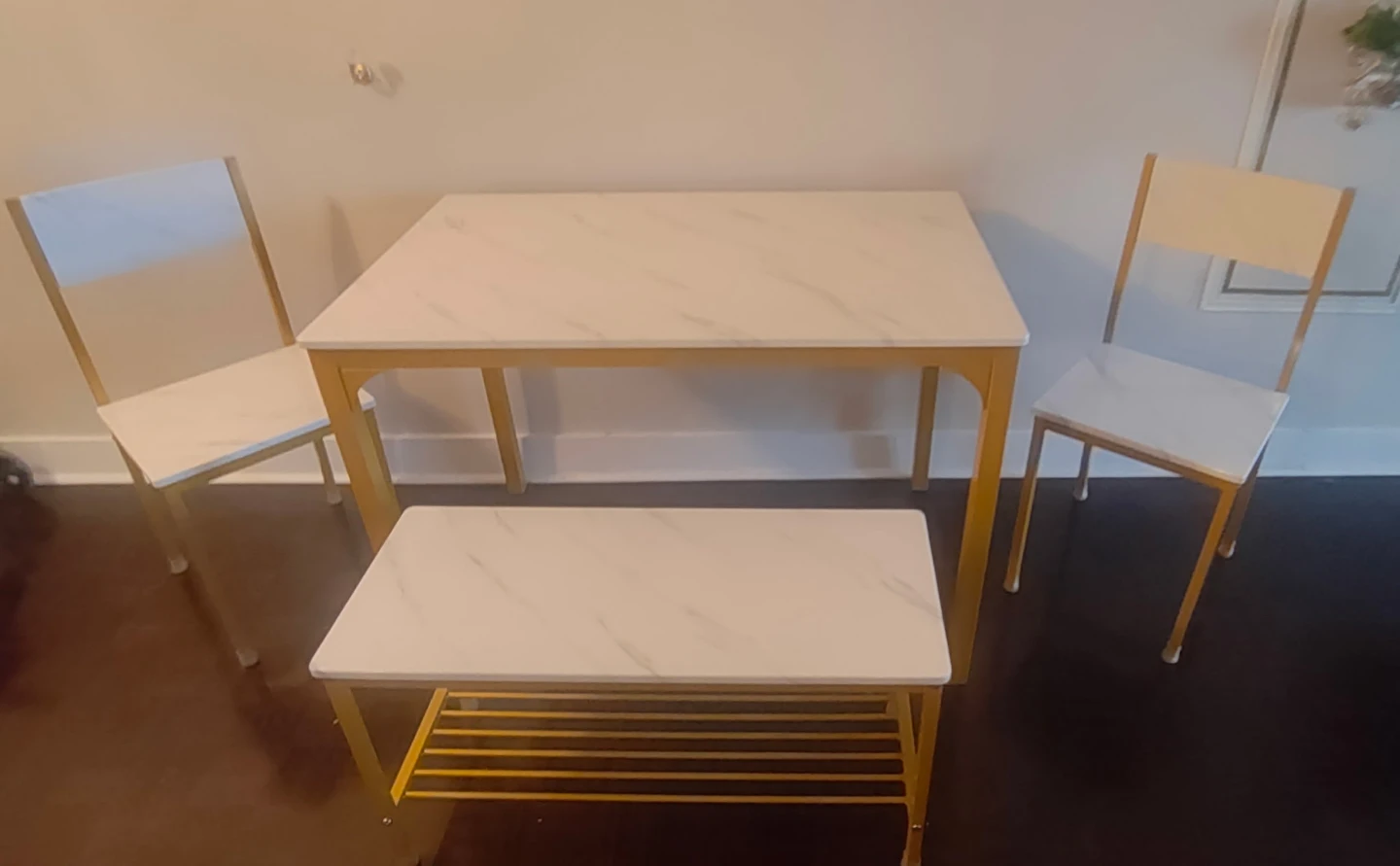 White Dining Set - Table, 2 Chairs, Bench