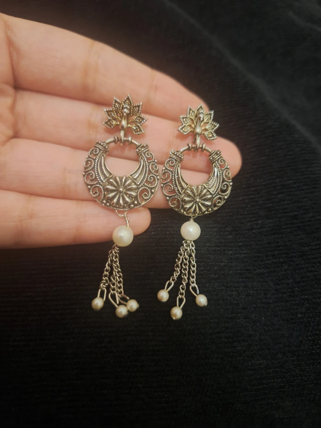 Ornate Silver-Tone Earrings with Pearl Dangles