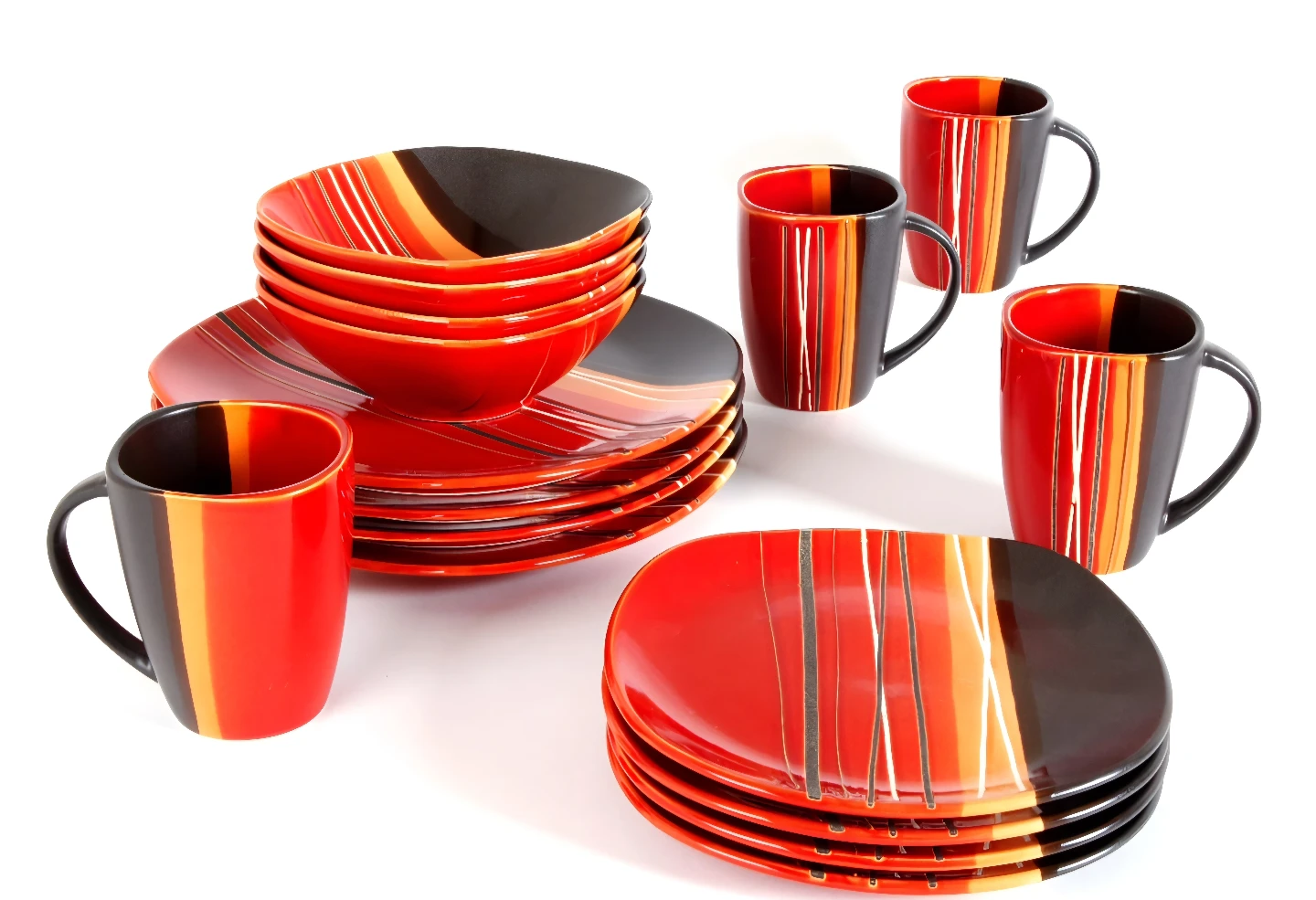 Red Orange Stripe Ceramic Dinnerware Set with Mugs