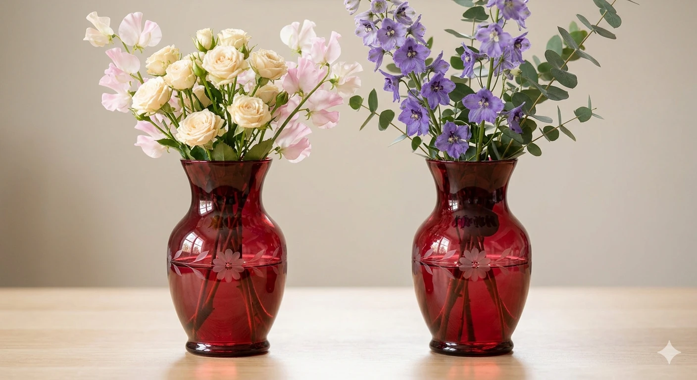 Vintage Anchor Hocking Royal Ruby Red Etched Floral Glass Vases - photo 5