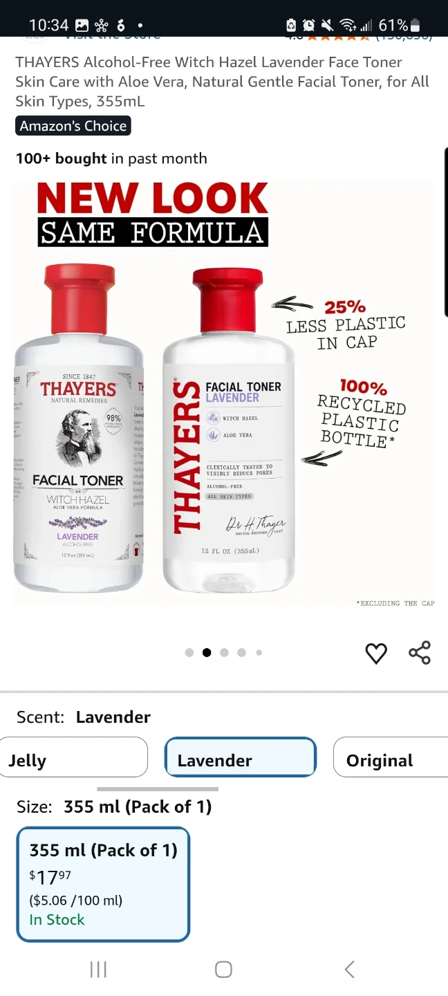 Sealed Thayers Witch Hazel Lavender Facial Toner - 355 mL