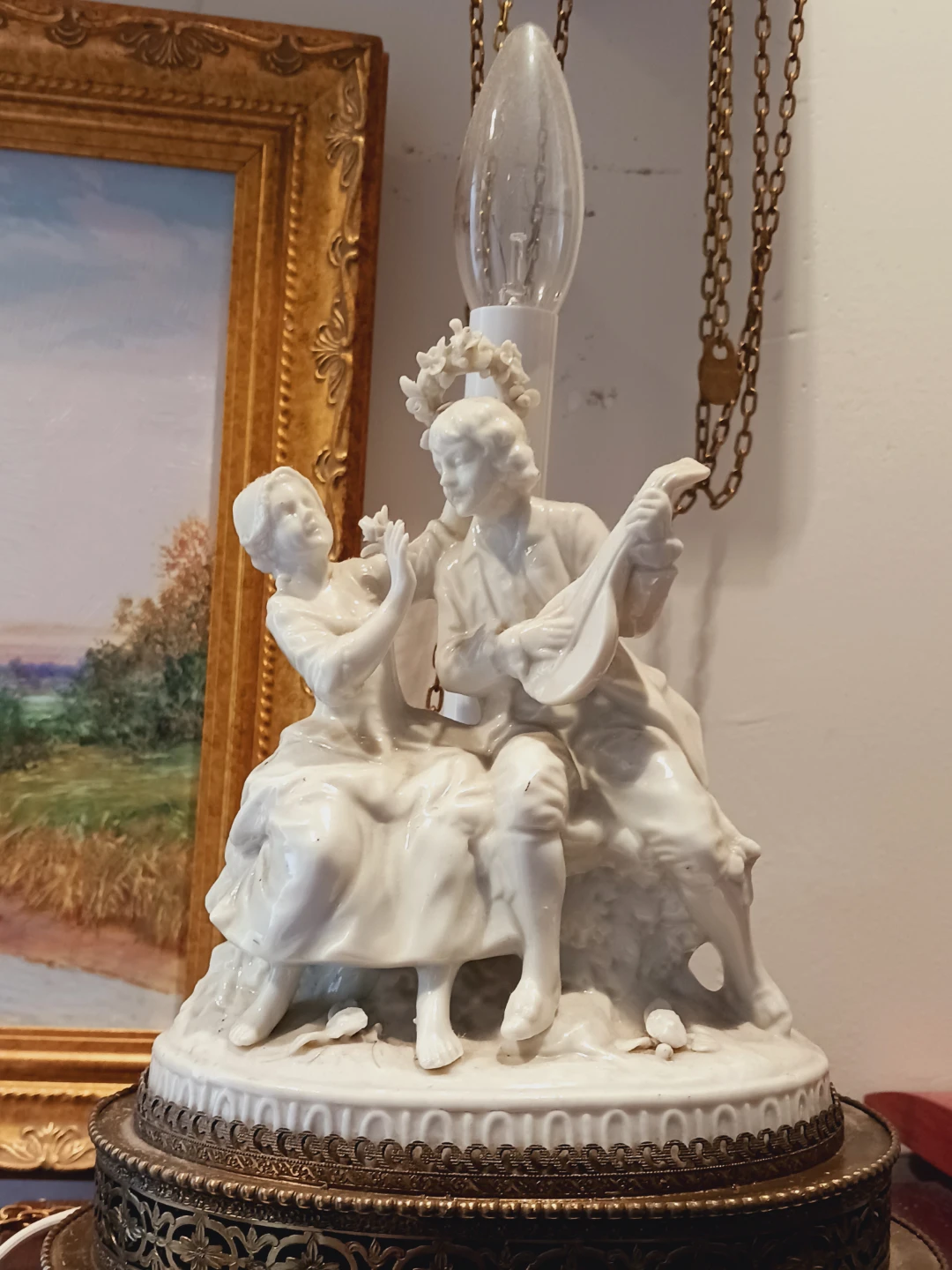 Gorgeous Dresden Lamp Porcelain Couple Figurine Lamp