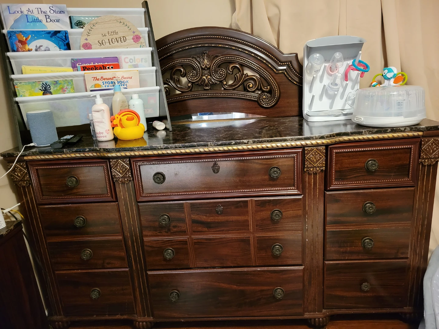 Dark Wood Dresser with Ornate Details