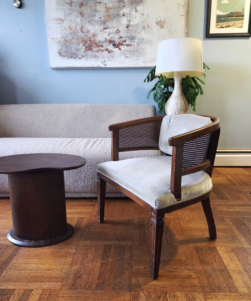 Vintage Walnut & Rattan Barrel Armchair