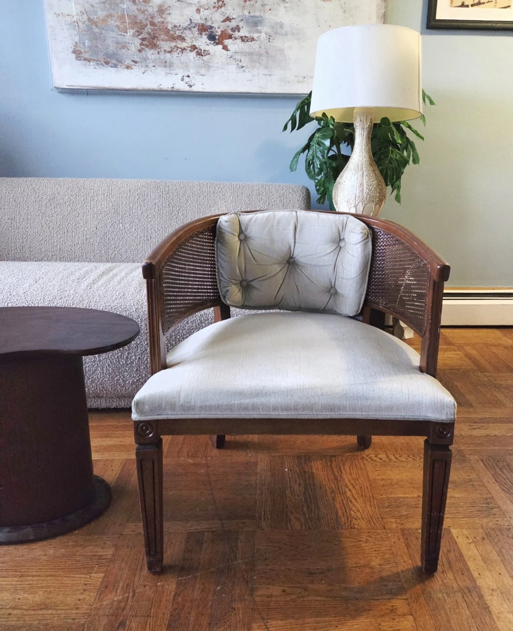Vintage Walnut & Rattan Barrel Armchair - photo 2