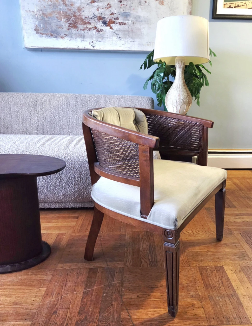 Vintage Walnut & Rattan Barrel Armchair - photo 3