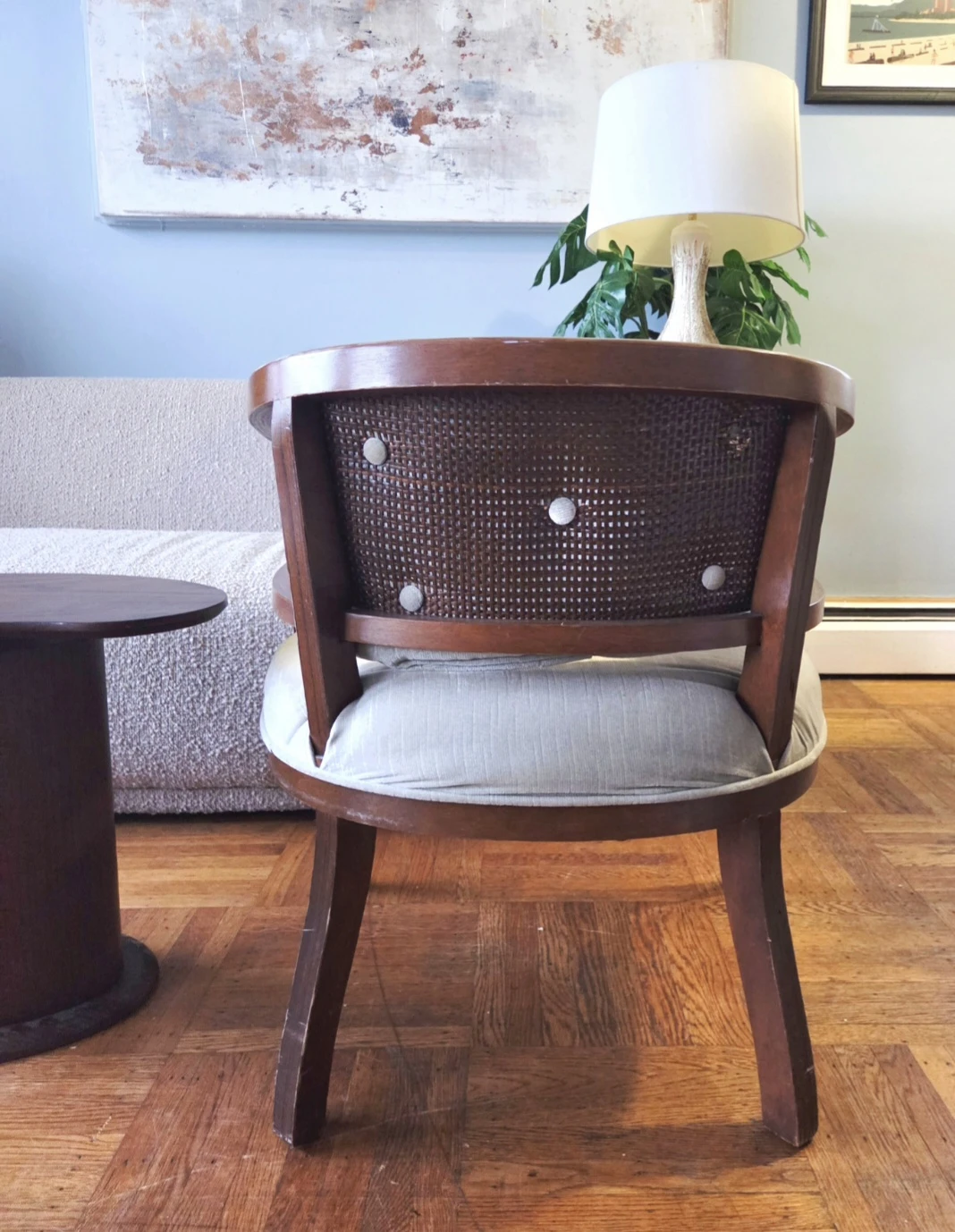 Vintage Walnut & Rattan Barrel Armchair - photo 4
